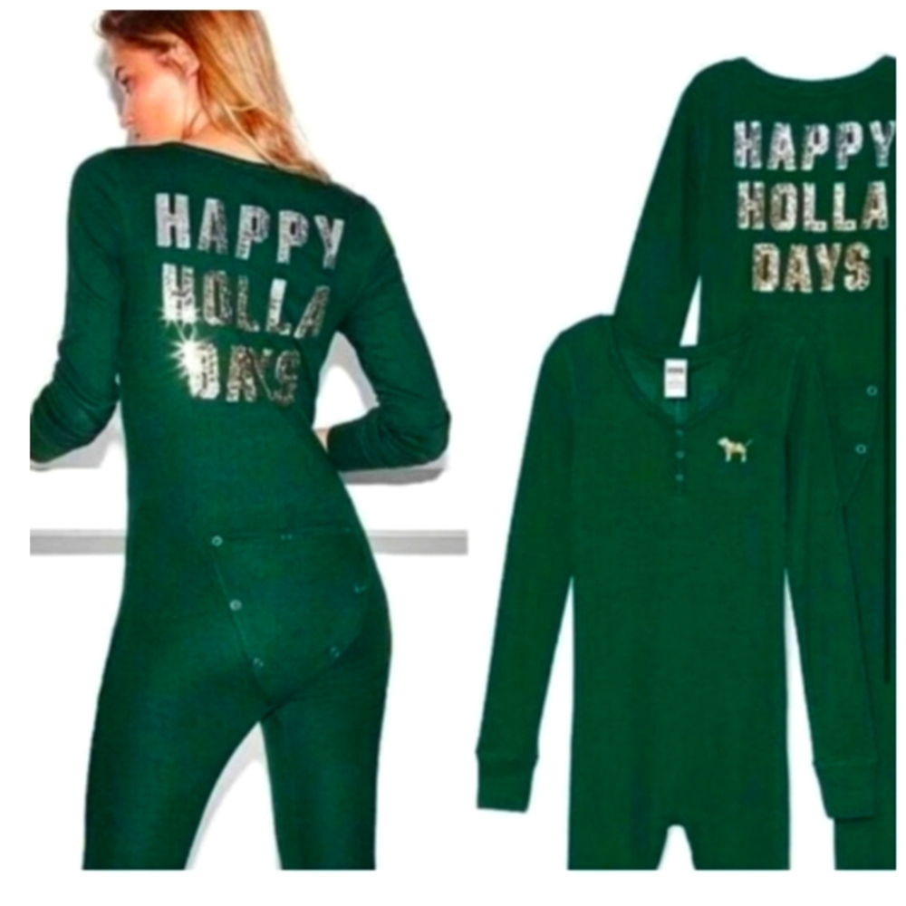 PINK Victoria's Secret Green Happy Holla Days Waffle Onesie